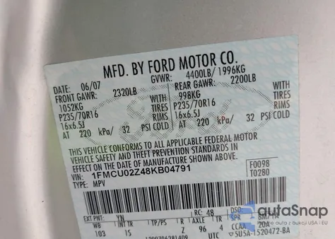 2008 Ford Escape Xls/Xls Manual from USA, damaged, VIN 1FMCU02Z48KB04791